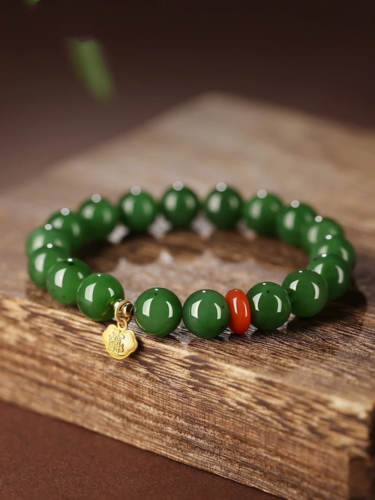 

New Hetian Jade Spinach Green Jasper Girls, Summer Beaded Bracelet, Wealth-Attracting Jewelry