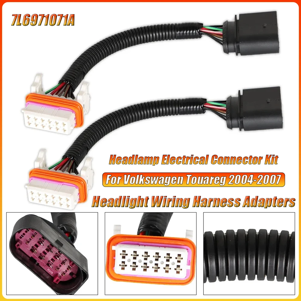 2Pcs Headlight Wiring Harness Adapters Headlamp Electrical Connector Kit for Volkswagen Touareg 2004 2005 2006 2007 7L6971071A