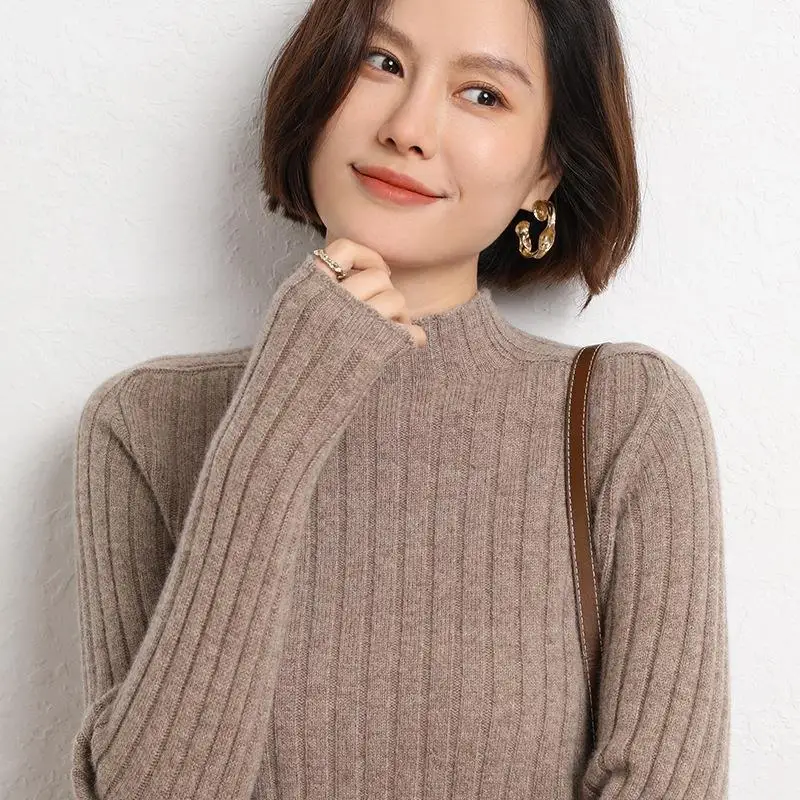 

Women's f High Ne Sweater Inner Layer Striped Knit Long Sve Polyester Fiber Pure Color Commute Sle Autumn Collection