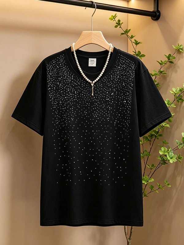 

Summer New plus Size Women's T-shirt Ultra Youthful Mid-Length Short-Sleeve Rhinestone Embellished Versatile Slimming Top