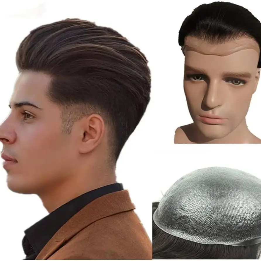 

Human Hair Toupee Full PU Base Hairpiece for Men Wig 0.03mm Thin Skin Natural Wave Styles Human Hair Mens Wigs Replacement Systems 8x10 Size 1B Off Black