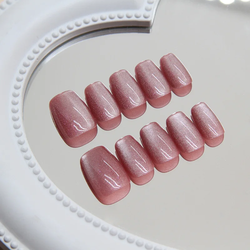 

24pcs Cat's Eye Fake Nails French Glitter Aurora Red Purple Nail Cat's Eye Crystal Pure Color Full Cover Press on Nails Nail Tip