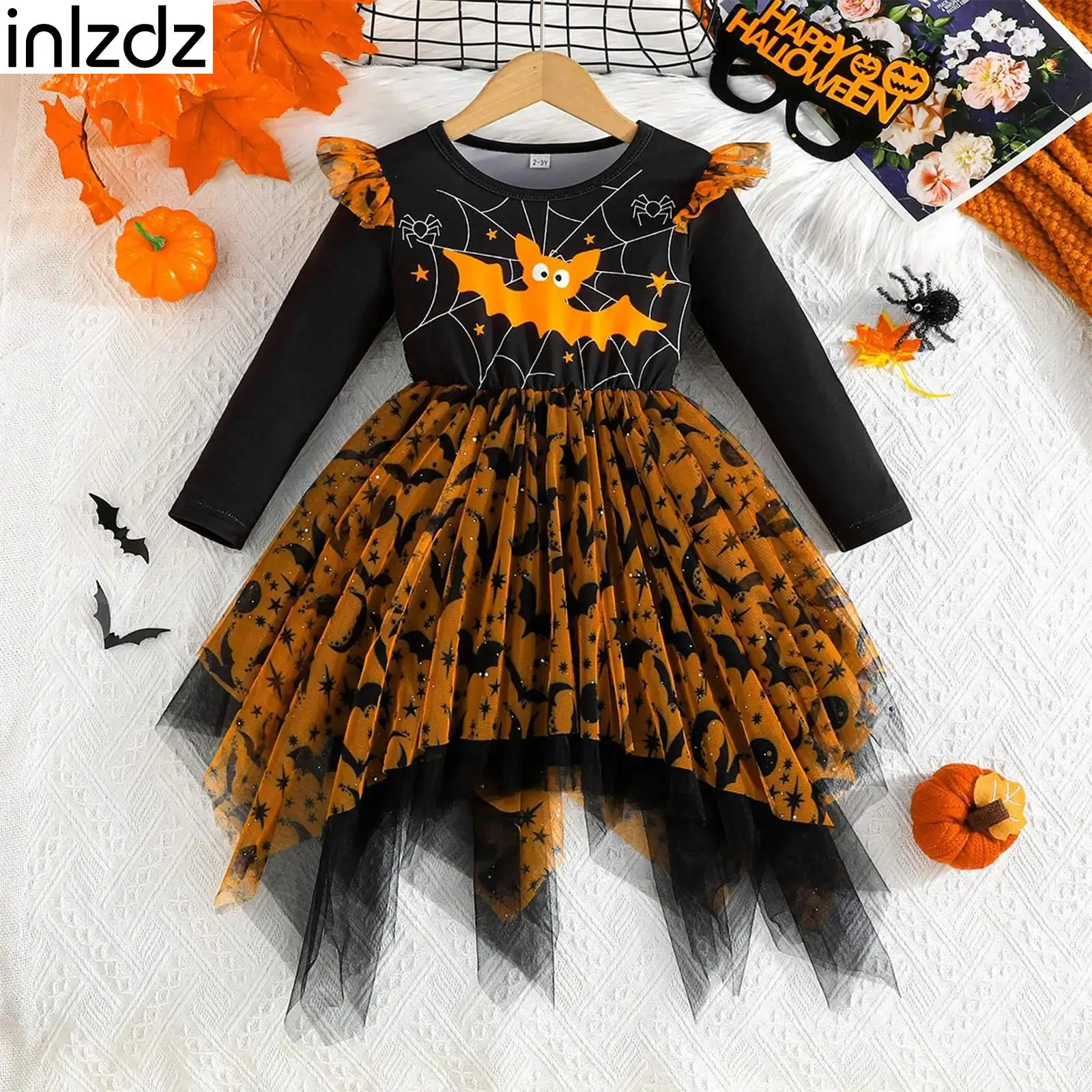 

Girls Bat Cosplay Dress Festival Halloween Christmas Easter Theme Party Costume Long Sleeve Shoulder Lace Mesh Ruffled Dress