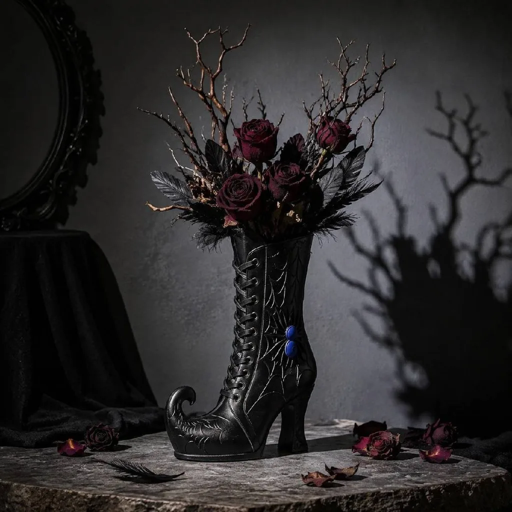 3D Printed Vase Spider Web Patterned Witch Boot Vase Spider Web Pattern Vase Pla For Dried Flower Display Holiday Party Venues