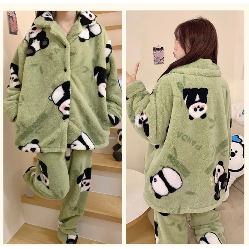 Pyjama Frauen Herbst Winter Panda Koralle Fleece Revers niedlichen Nachtwäsche Anzug weiblich lässig lose Fleece gefüttert warme Lounge wear