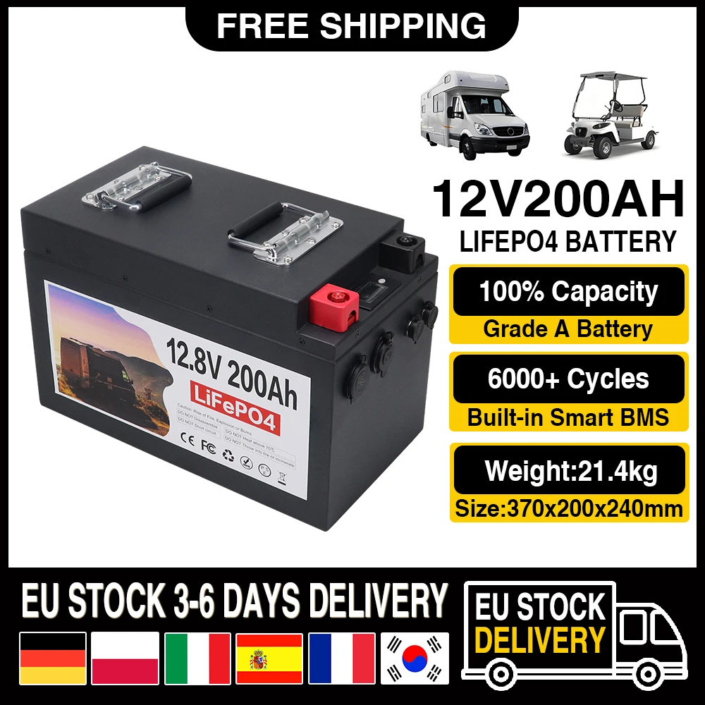 New 12V 200AH LiFePo4 Battery Built-in BMS Lithium Iron Phosphate Cell 6000 Cycles For RV Campers Golf Cart Solar With Charger