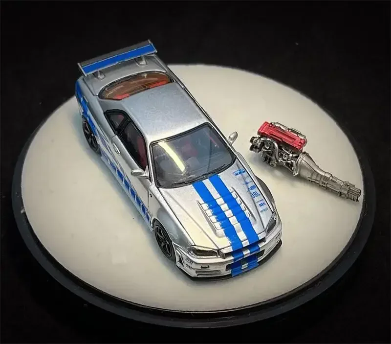 PGM x One model 1:64 GTR R34 Z-TUNE Silver Blue Limited999 Diecast Model Car