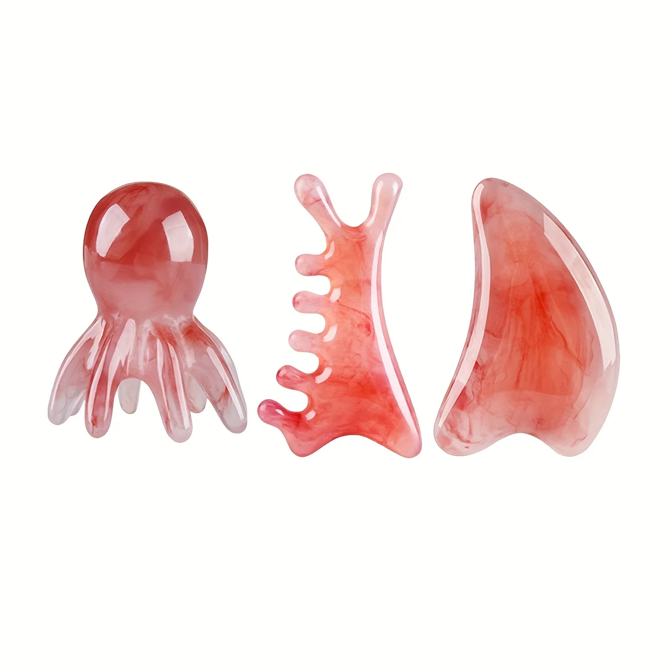 3-piece resin massage tool set for face, head and body: Gua Sha, meridian unblocking and acupressure for muscle relaxation.