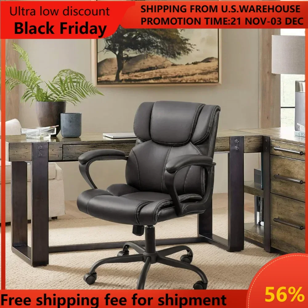 

Mid Back Executive Office Chair Swivel Computer Task Chair with Armrests,Ergonomic Leather-Padded Desk Chair with Lumbar