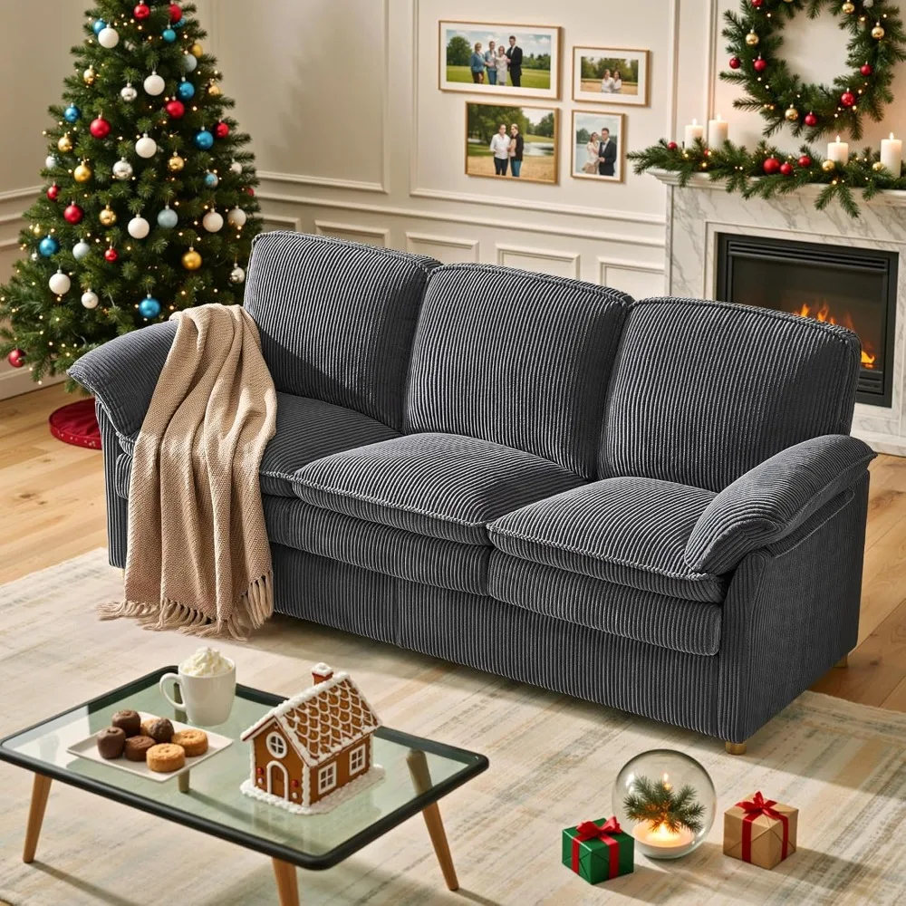 أريكة سروال قصير حديثة بثلاثة مقاعد في منتصف القرن لغرفة المعيشة مع مساند للذراعين ذات وسادة علوية ووسائد مزدوجة الطبقات