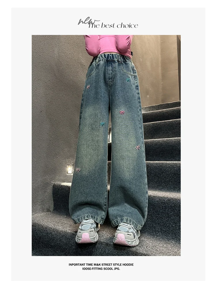 Heißer Verkauf: Modische Jeans mit Schleifenstickerei für Mädchen im Teenageralter, lässige gerade Jeanshose für Teenager, modische Jeanshose für Kinder – Detail 5