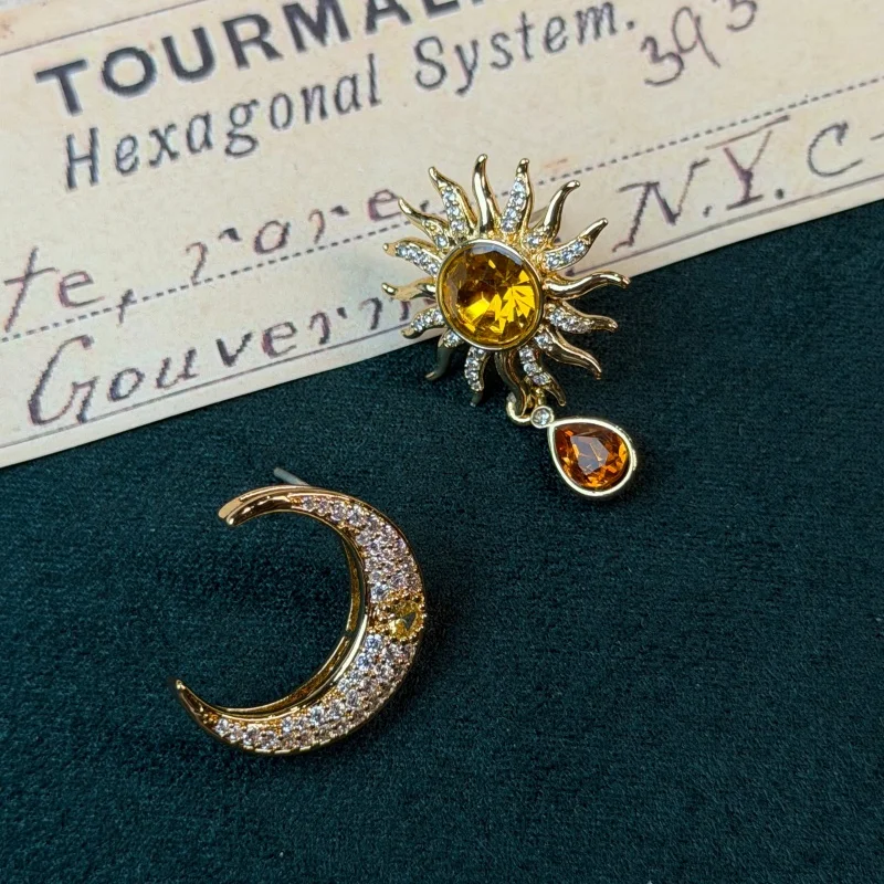 Vintage Yellow Crystal Sun Moon Earrings Gold-Plated Trendy Art Deco Jewelry For Woman Luxury Antique Brand High Quality Gift