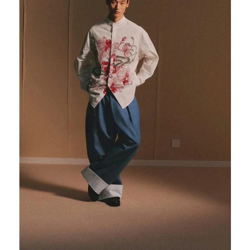 New Spring Men's Retro Single-Buttoned Long-Sve Zhongan Collar Printed irt Comfortable Loose Fit Polyester Fiber