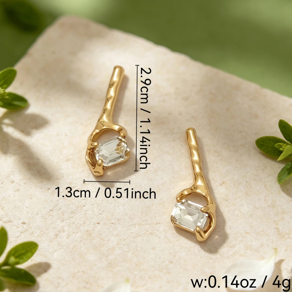 European and American Style Irregular Hammered Texture Earrings, Gold Alloy Claw-Set Rectangular Transparent Glass Rhinestone Women's Earrings