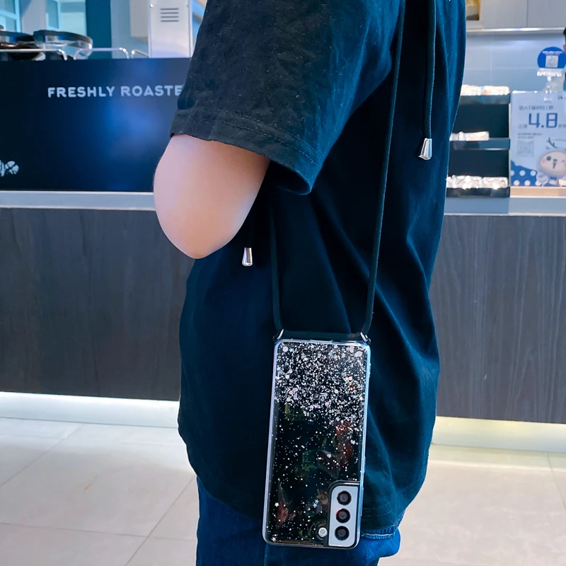 Glitter Necklace Case For Samsung Galaxy S25 S23 S21 S20 FE S24 Plus S26 Ultra A56 A36 A17 Crossbody Lanyard Strap Phone Cover
