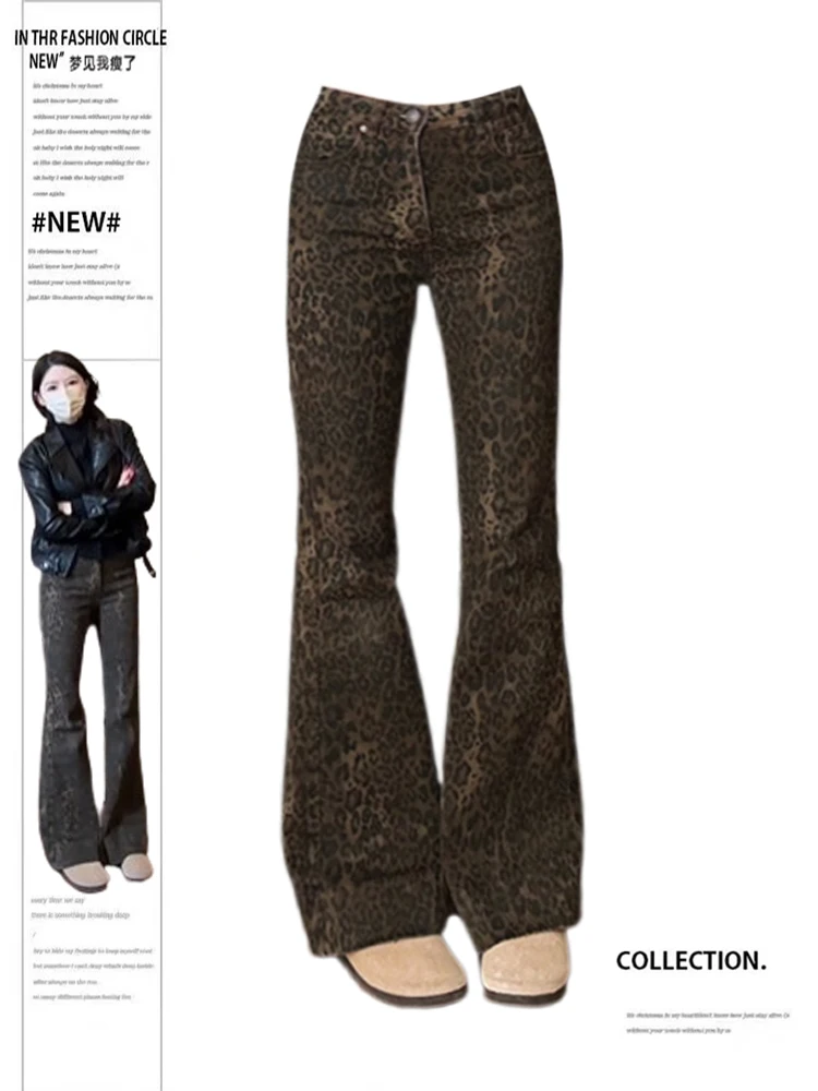 2025 Autumn Winter Women's Denim Leopard Print Y2k Low Rise Jeans Gyaru Trumpet Pants Bell Bottom 2000s New Harajuku Grunge