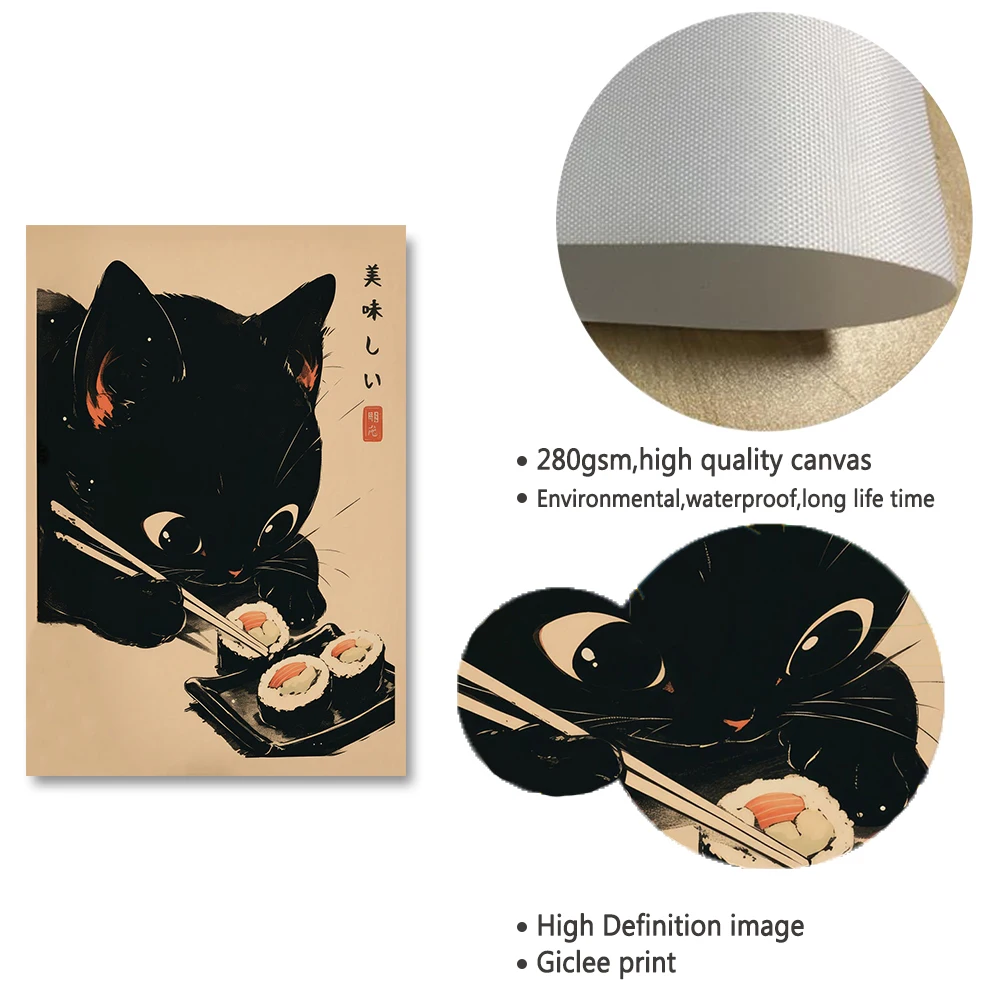 Retro Cute Animals Food Japanese Sushi Chef Black Cat Tokyo Prints and Posters Wall Art Pictures for Room Kitchen Bar Home Decor - Image 5