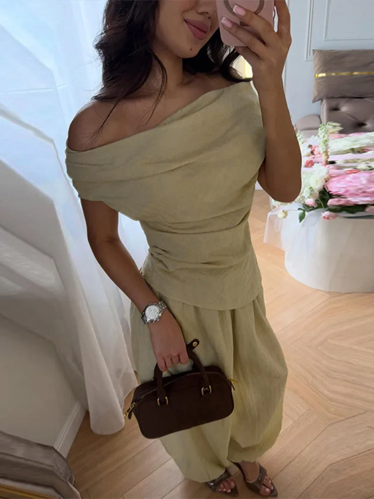 Damen-Hosenanzug 2-teilig Einschultriges Top mit Taillenschnürung Unregelmäßiger Saum Hochgeschnittene Laternenhose Schickes Damen-Outfit Neu – Detail 12
