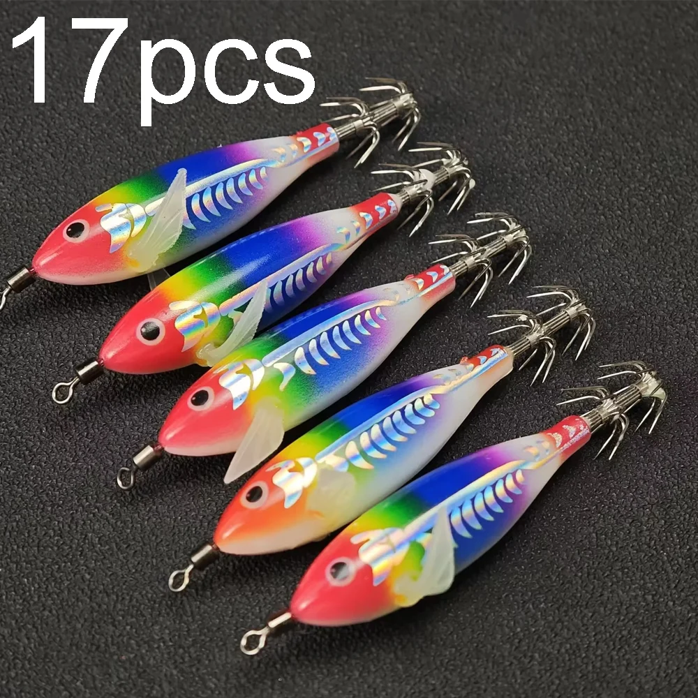 17pcs/set Luminous Squid Jig 8cm/5.7g Shrimp Fishing Lures Hook Sea Fishing Accessories Artificial Bait Octopus Lure