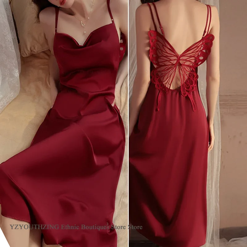 أنثى السباغيتي حزام ثوب النوم الملابس الداخلية الحميمة مثير عارية الذراعين فراشة الدانتيل فستان نوم طويل قميص ملابس خاصة رايون Homewear #2