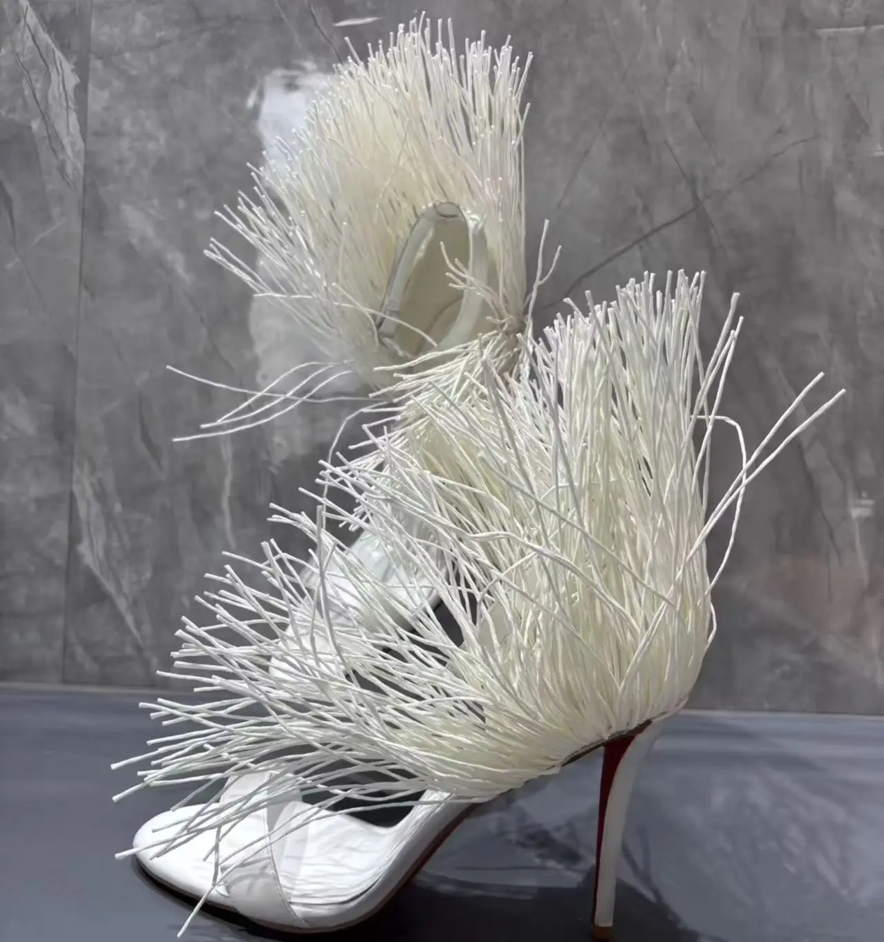White Leather Women's Sandals Ankle Decorate Striking Raffia Grass Bouncy Ball Single Shoes Female Red Sole High Heels 36-42 New view 5