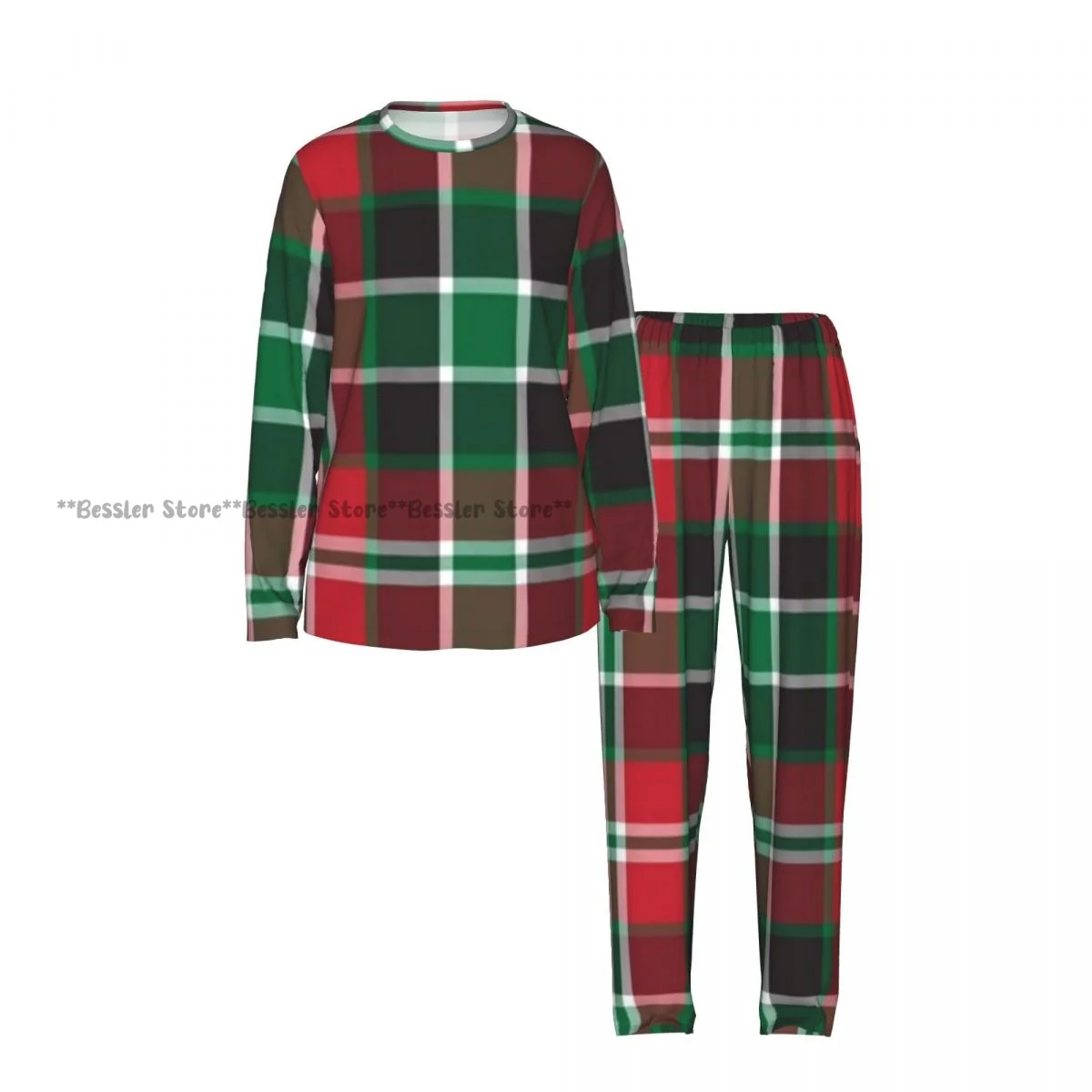 Women Round Neck Pajamas Set Classic Plaid Checkered Tartan Pattern Long Sleeve Tops + Long Pants