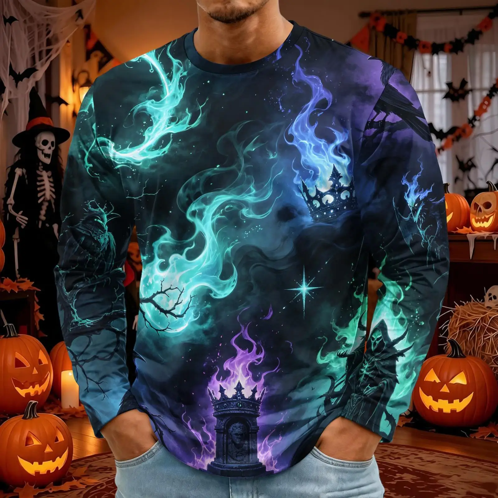 Men Crew Neck Long Sleeve T-shirt Halloween 3D Ghost Castle Skeleton Rose Octopus Horror Full Print Casual Party Tops