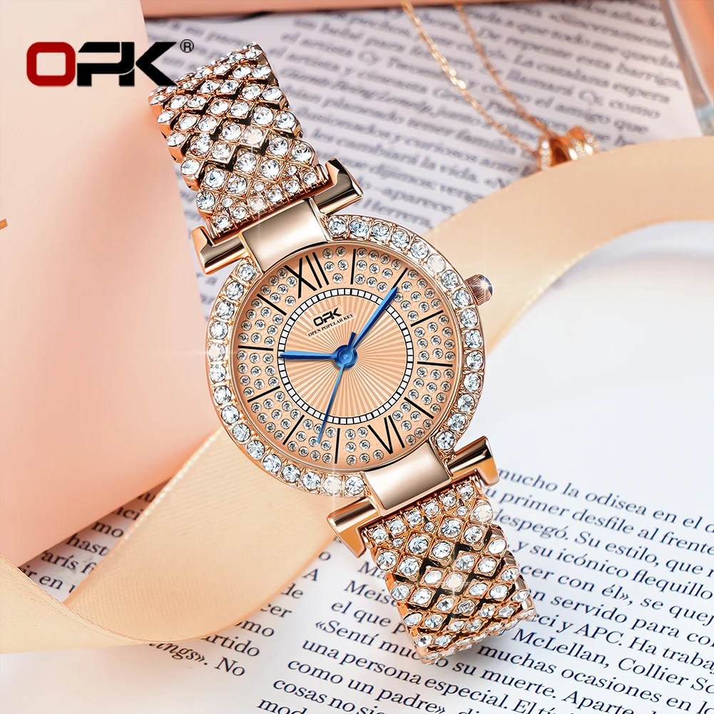 OPK Women\'s Watch Quartz Luxury Diamond Stainless steel Strap Original Rose Gold Wrist watch Waterproof Quartz Ladies Watch