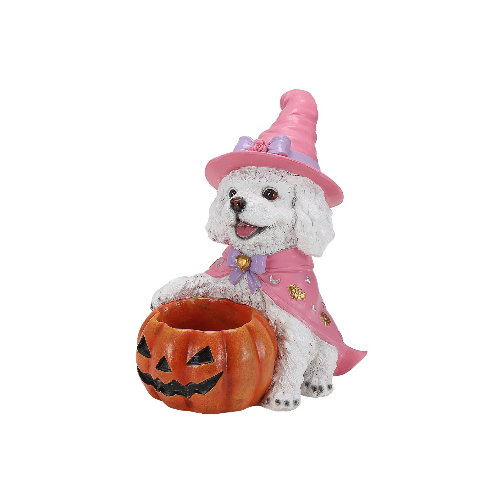 Halloween White Teddy Puppy Figurine, Witch Dog Holding Pumpkin Candy Bowl Decoration, Adorable Halloween Puppy Design with Pink Witch Hat and Cape, Functional Pumpkin Candy Bowl, Detailed Resin Craftsmanship, Tabletop Halloween Decor, 12.6 Inches Tall