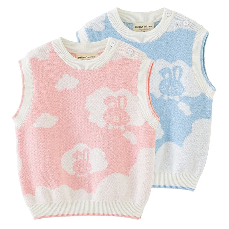 

Осенний свитер без рукавов для маленьких девочек, хлопковый милый жилет с кроликом для маленьких девочек, контрастный жаккардовый детский вязаный жилет для девочек