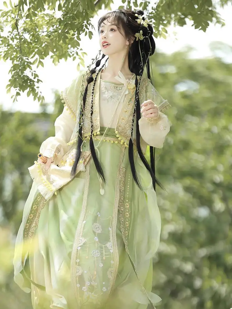 

Hanfu Jasmine Milk Green Embroidered Front-Opening Jacket Pullover Round Neck Five-Piece Skirt Han Element Clothes