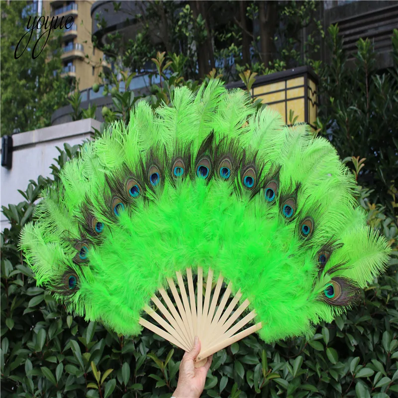 YOYUE 1pcs High Quality Green Ostrich Feather Fan Halloween Party Celebration Performance Crafts Props DIY Peacock Feather Fan