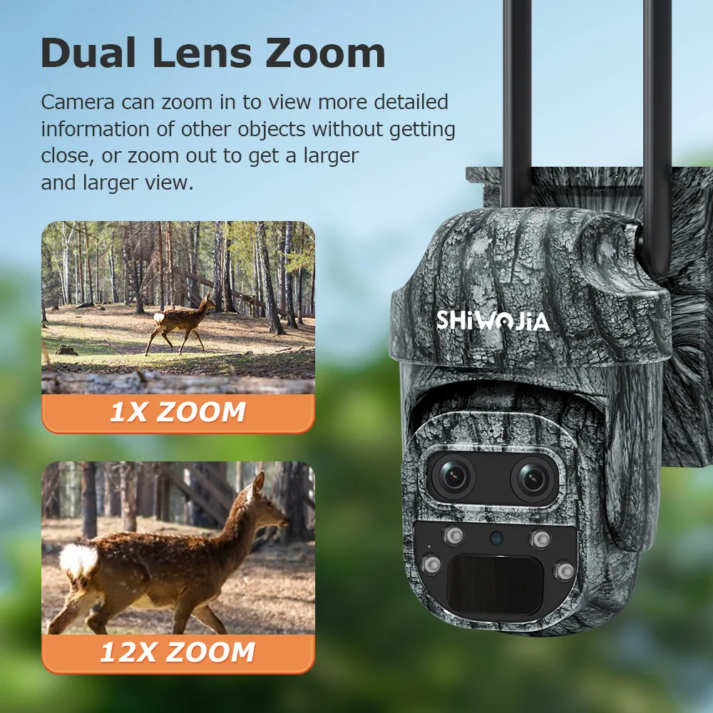 4G Solar Camera 6MP, 12X Zoom WiFi Waterproof, Camouflage Ball Outdoor Wireless for Wildlife Monitoring Use