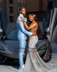 Metal Embellished Men Suits Luxury Appliques Beaded Male Prom Blazers 2 Pieces Sets Wedding Groom Tuxedos Sky Blue Costume Homme