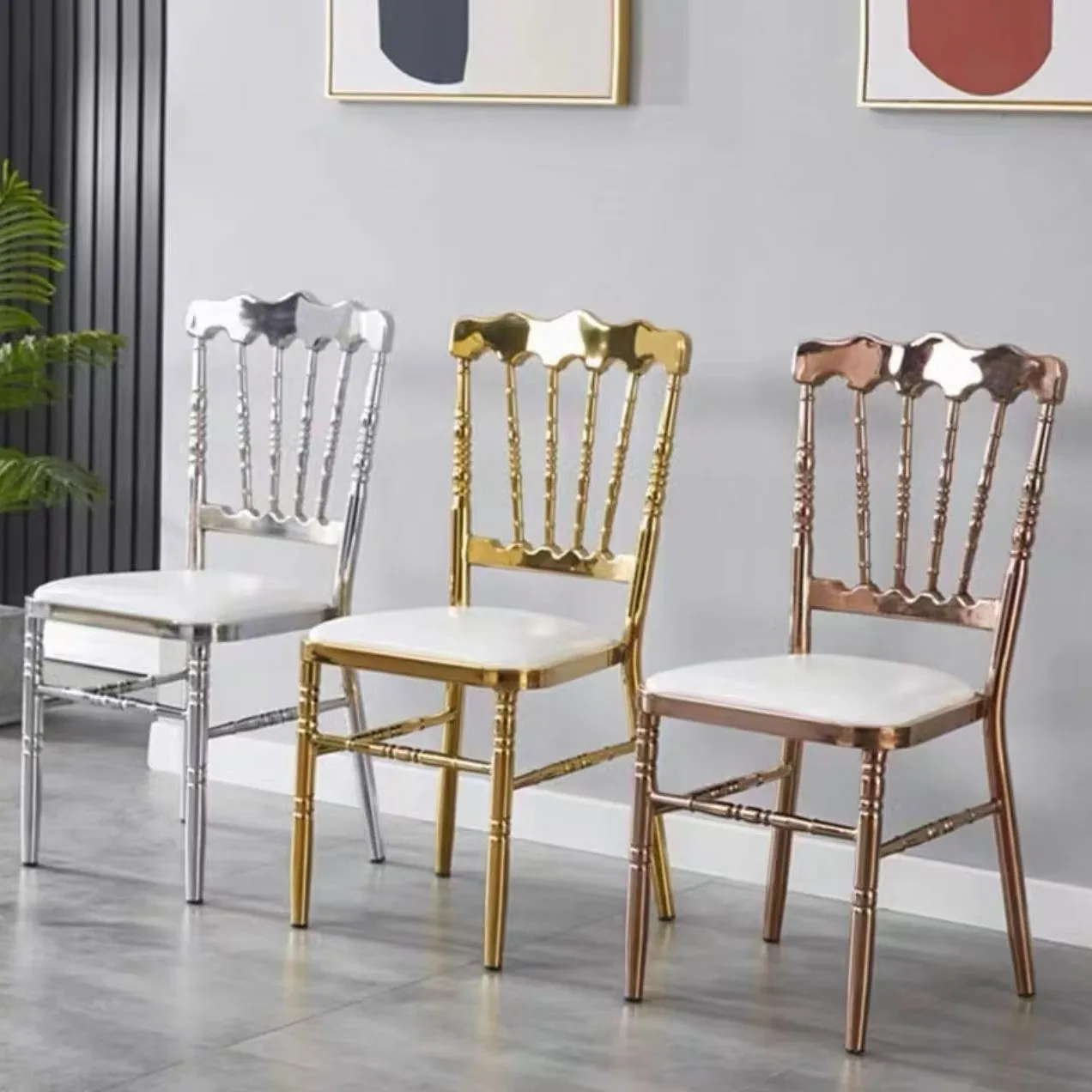 #Metal Castle-Style Napoleon Dining Chair with Leather Upholstery for Wedding Restaurant Hotel