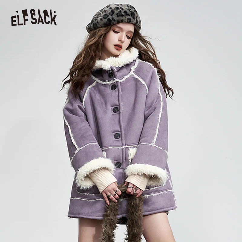 

ELFSACK Purple Thickening Cotton Coats Women 2023 Winter Warm Jackets