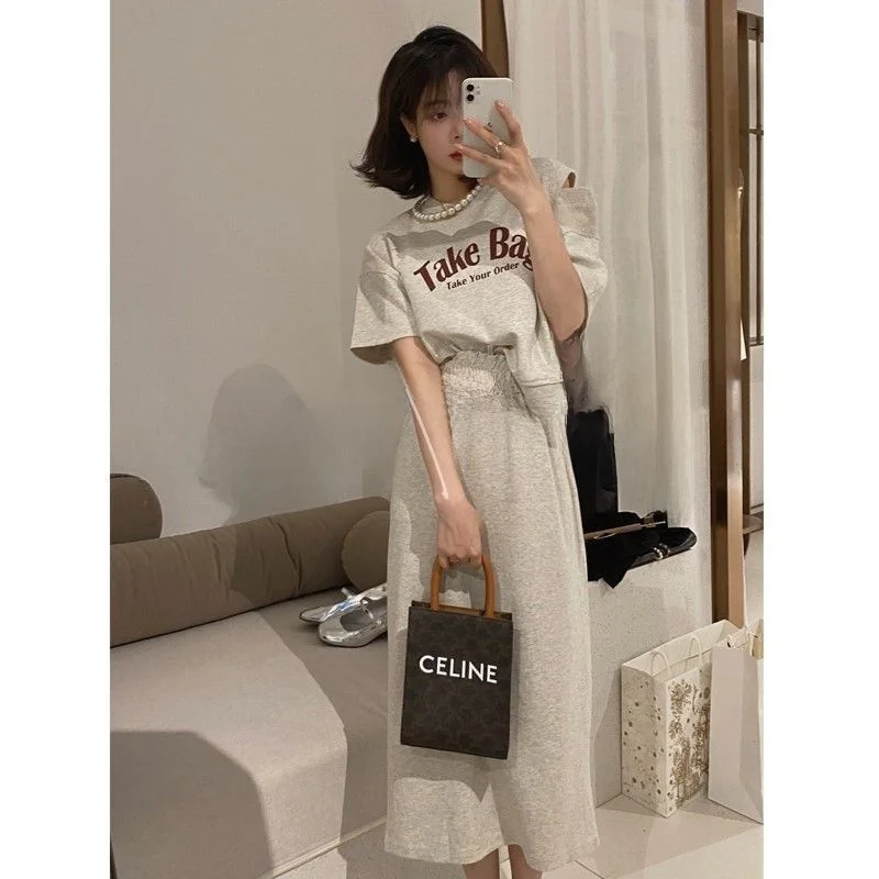 

plus Size Women's Korean Sle T-irt High Waist Skirt Set Summer Anti-Aging ort Sve round Ne A-Line Skirt Two-Piece Set