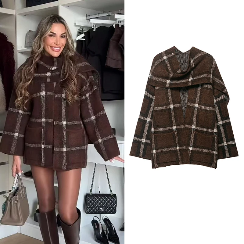 

TFMLN Новый осенне-зимний женский модный клетчатый вязаный кардиган, пальто с длинным рукавом, свитер с шарфом и воротником, теплый стильный трикотаж