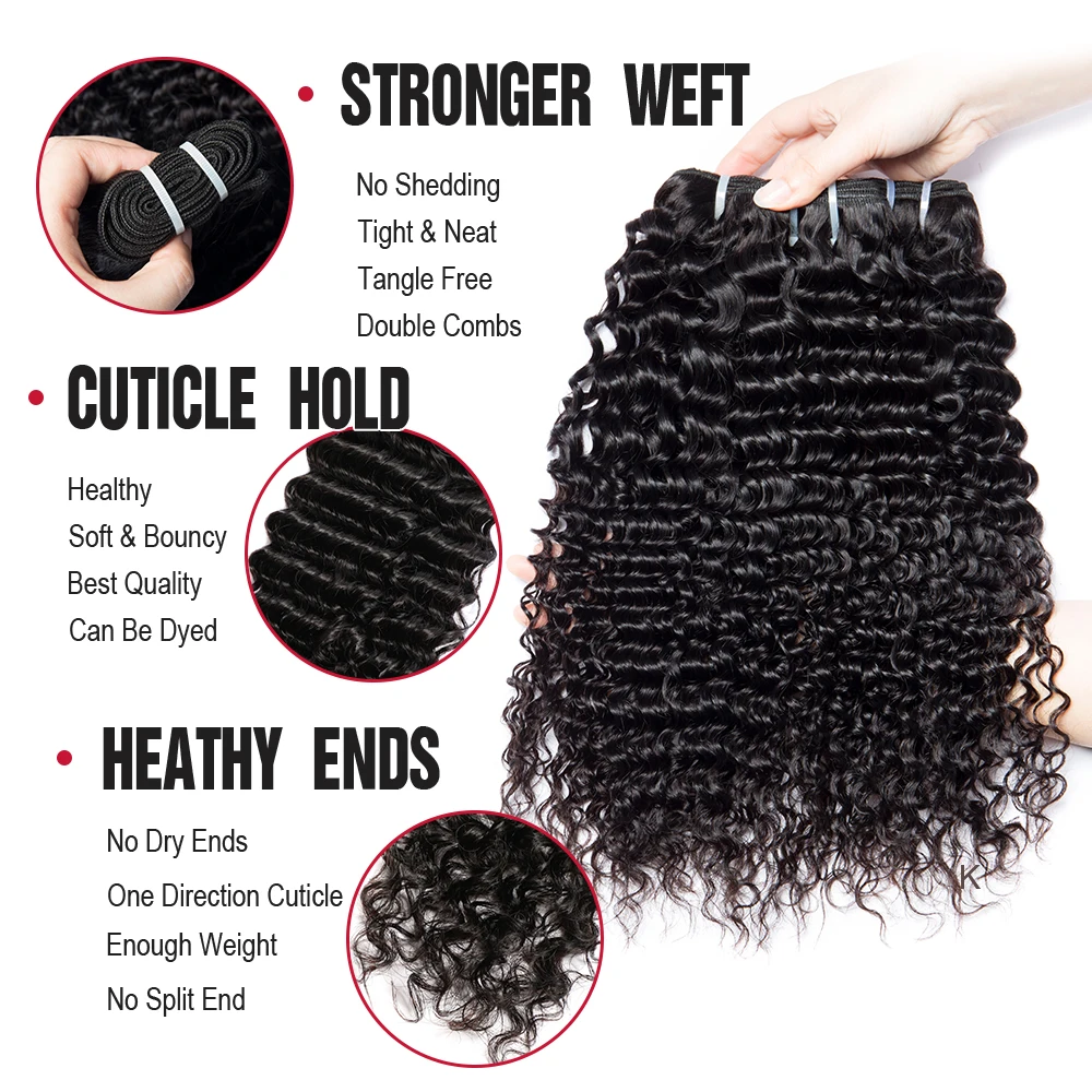 Megeen Deep Curly Wave Human Hair Bundels Brazilian 12a Weave Hair Extensions 3 Bundels Deal 95-100G Ture To Length 1b Zwart