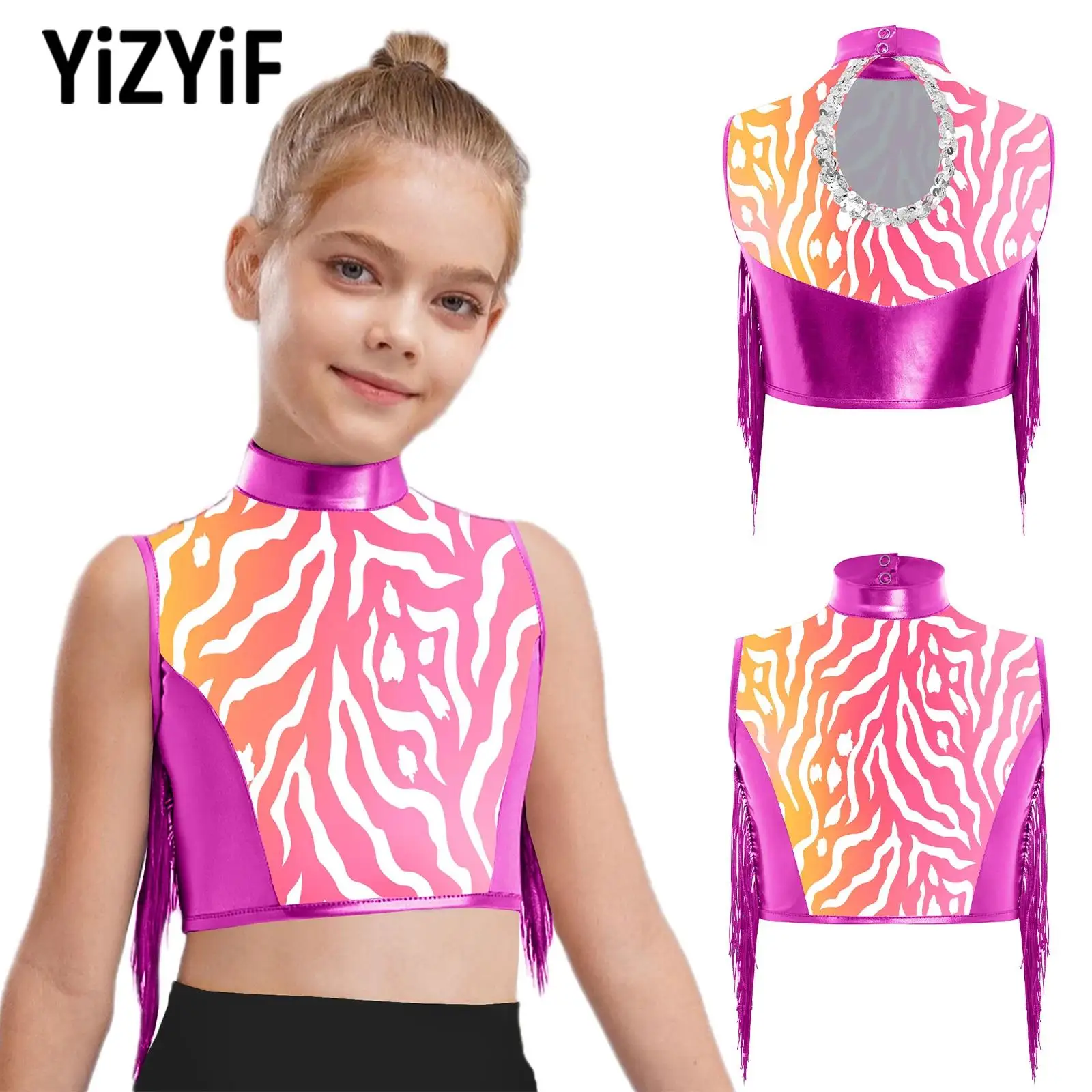 

2025 Kids Girls Hip-hop Jazz Dance Top Sleeveless Keyhole Back Zebra-Stripe Crop Top for Dance Party Performance Stage Show