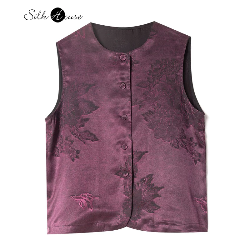 

Purple Butterfly Jacquard 100% Natural Mulberry Silk Gambiered Guangdong Gauze Round Neck Chinese Style Women's Fashion Vest
