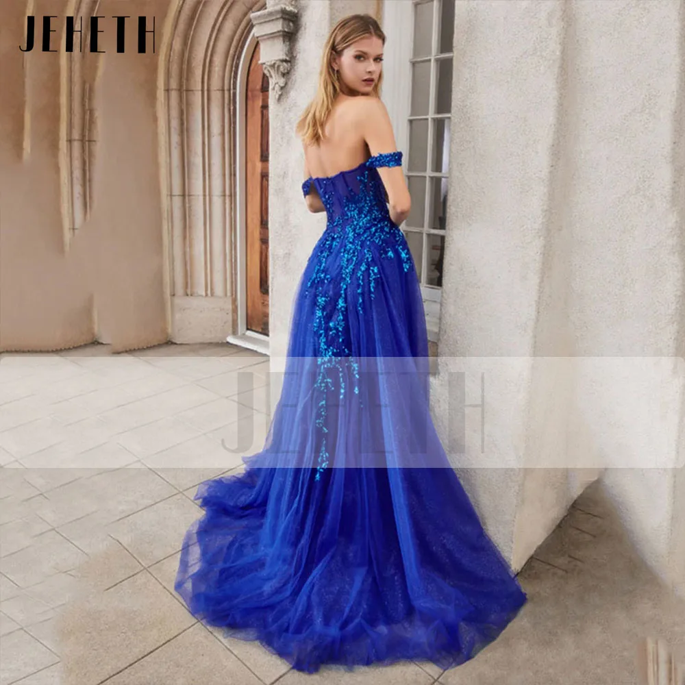 JEHETH Royal Blue Sparkly Tulle Sequin Applique Prom Dress Off Shoulder High Side Split Backless A Line Evening Party Gown Women