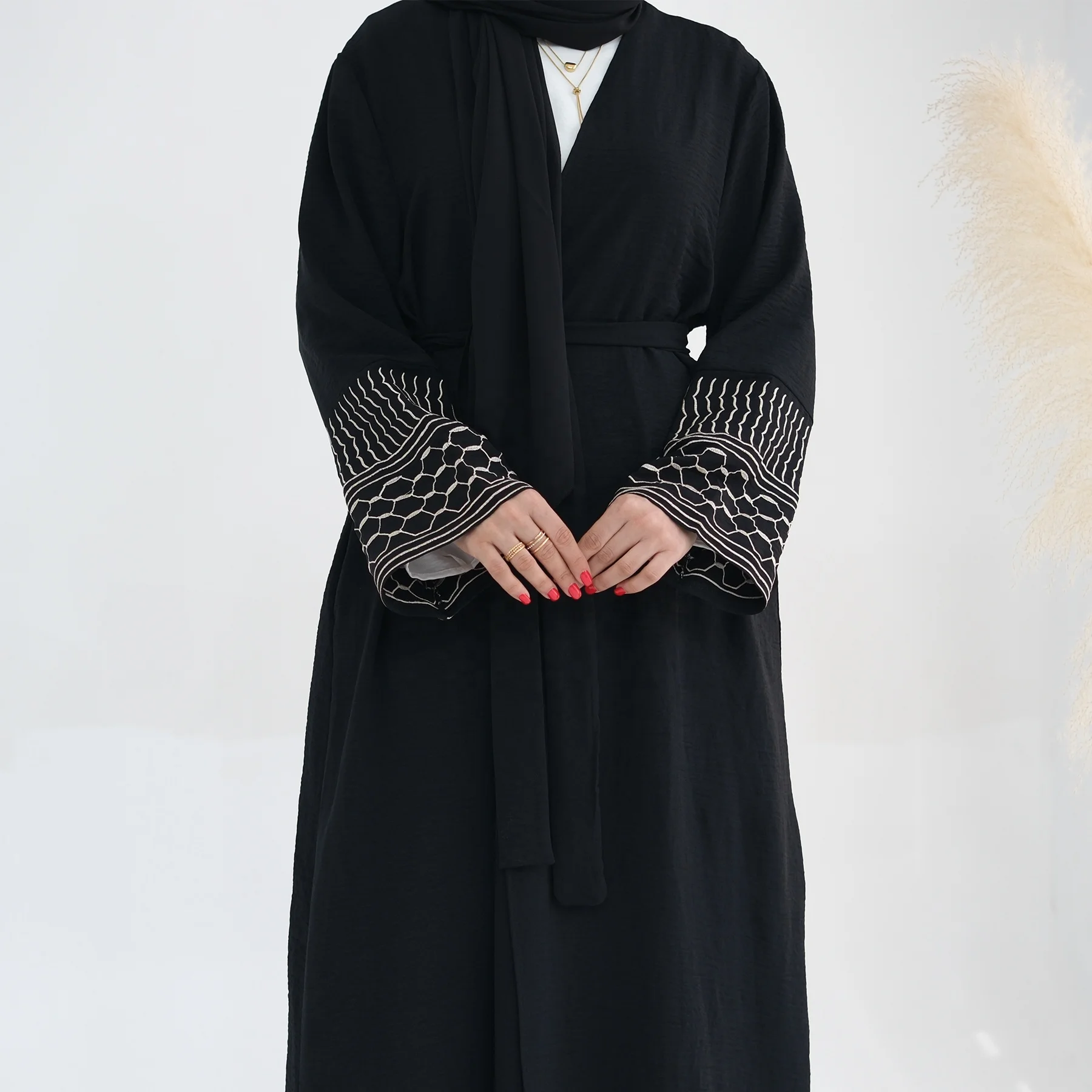 New Arrivals Muslim Clothing Open Cardigan With Belt Dubai Abaya Embroidery Palestine Abaya Design Women Abaya Muslim Dress Robe