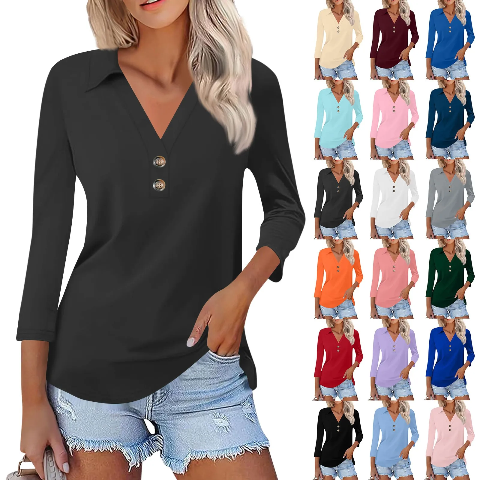 Female Summer Fashion Casual Solid Color Deep V-Neck Seven-Point Sleeve Button Down Collar Top Skinny Minimalist Soft T-shirt