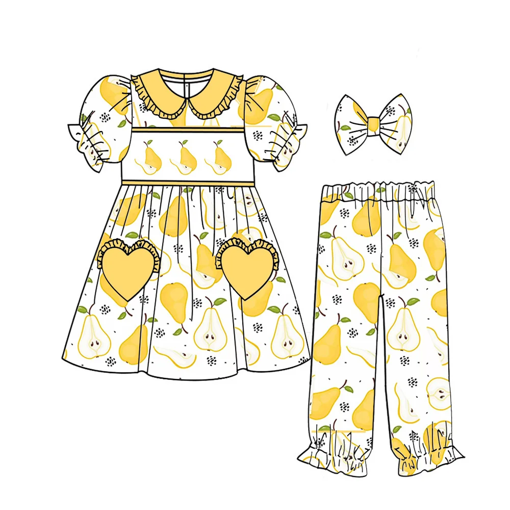Children's pajama sets available both boys and girls short-sleeved top & long pants pear printing come matching children's robe