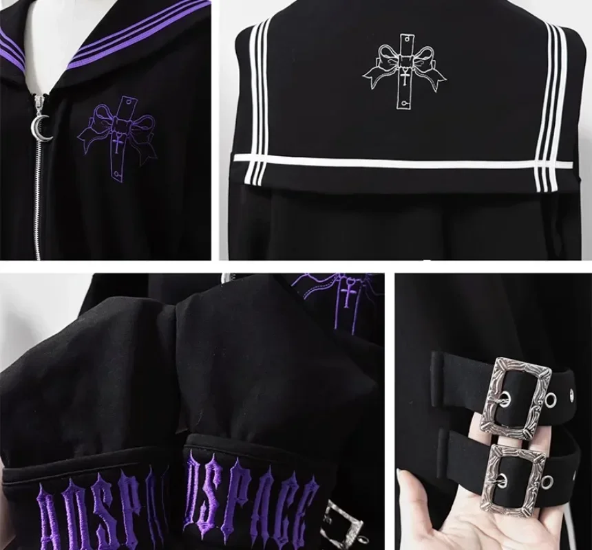 Popular Subculture Embroidery Simple and Versatile Coat Navy Placket Line Sailor Collar Long Sleeves Sweatshirts Women's Clothes