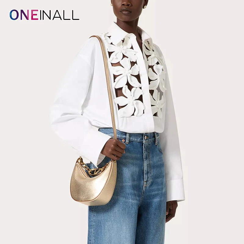 

ONEINALL Hollow Out Shirts For Women Lapel Long Sleeve Spliced Appliques Embroidery Fashion Summer Casual Blouse Female Style