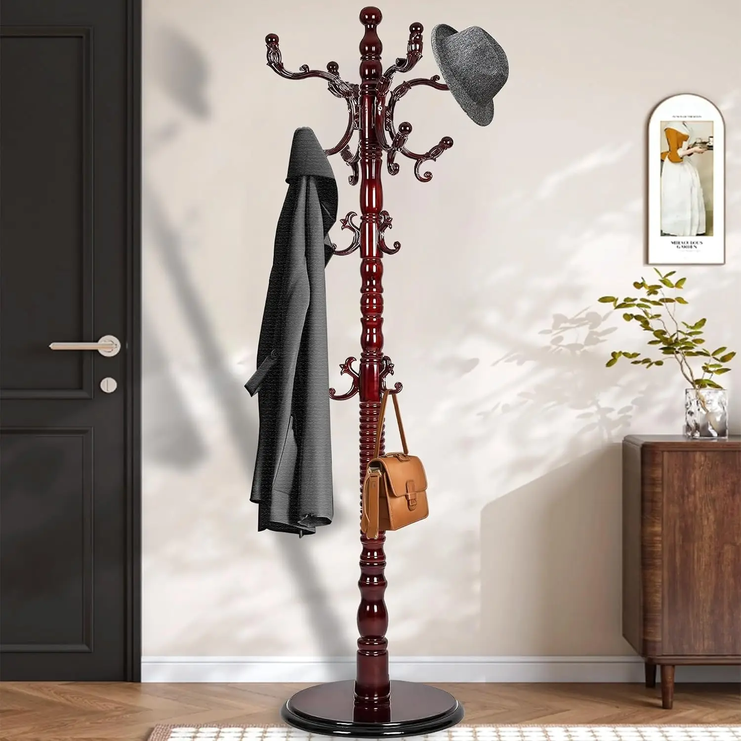 73'' Vintage Coat Rack 18 Hooks, Wood Stand 3 Sizes & Disc Base, Tree Style for Entryway Bedroom Hallway Office, Customized