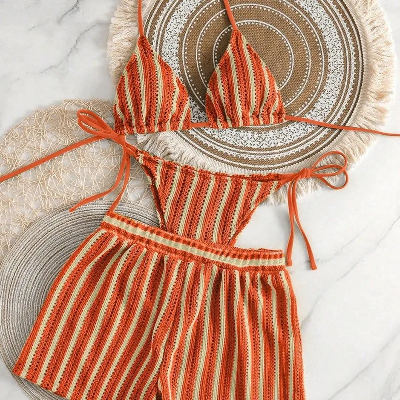 

New 3 Piece Vacation Swimsuit Set - Sexy Mesh Tie-Up Bikini with High Cut Bottoms for Women Multi-Color Beachwear​
