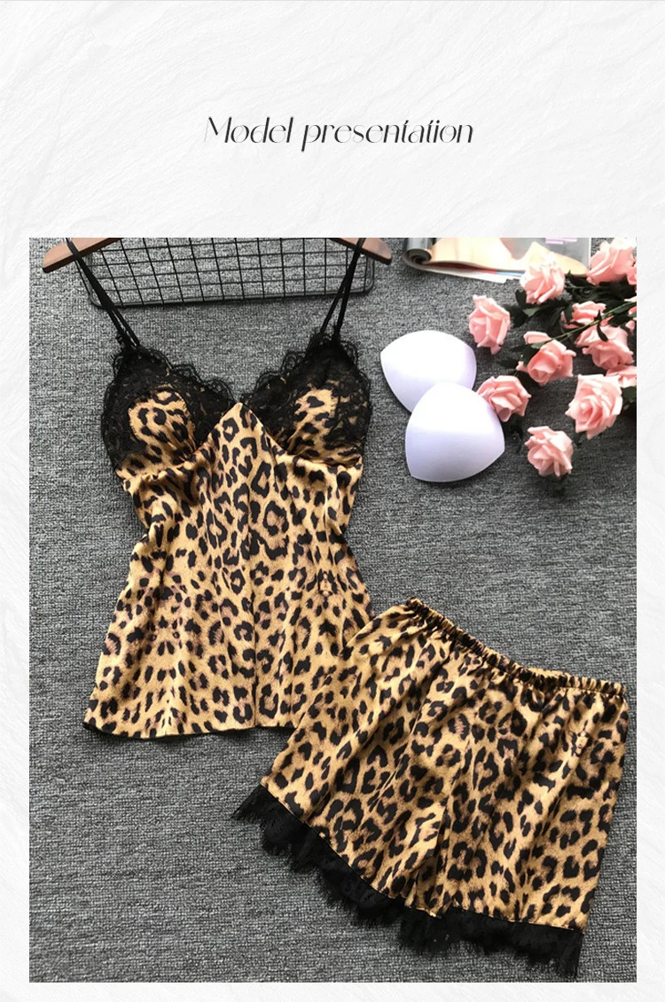 Sexy Leopardenmuster-Schlafanzug, Damen-Cami-Top und Shorts, Pyjama-Set mit Spitzenbesatz, Loungewear, trendiger Tierdruck-Pyjama, neues heißes Geschenk – Detail 3